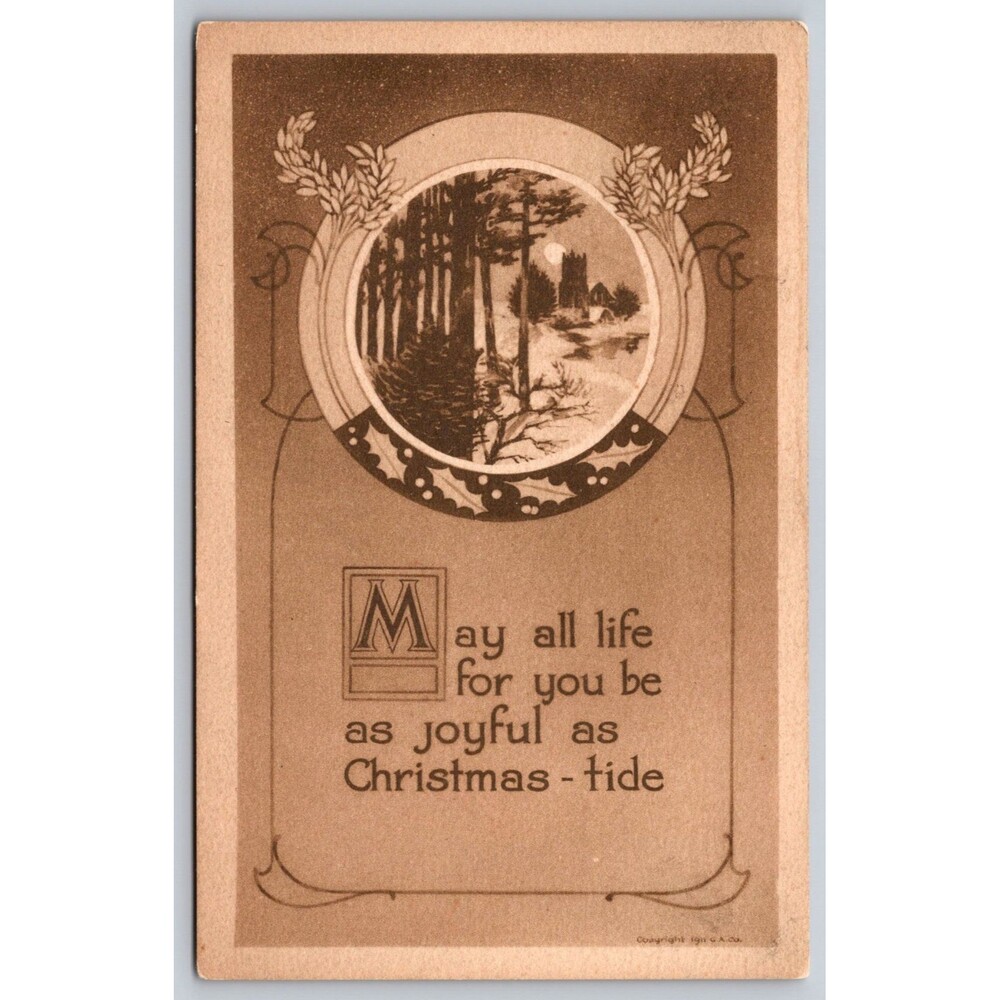 Postcard Life Joyful as Christmas Tide Winter Full Moon Scene Posted 1911 Stamp